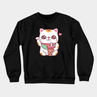 Cute Japanese Maneki Neko Cat With Bubble Tea Crewneck Sweatshirt